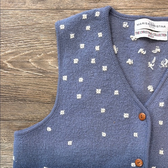 Marisa Christina Women's Size Medium 100% Wool Blue Vintage Holiday Vest - Picture 7 of 11